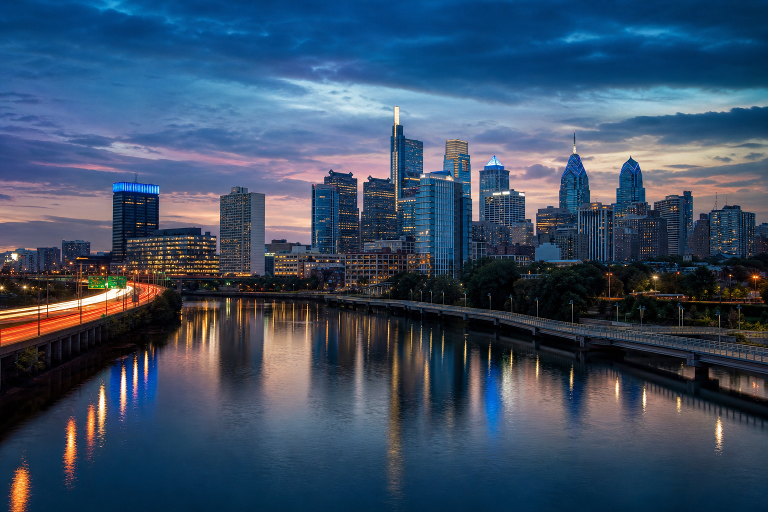 Philadelphia skyline at dusk